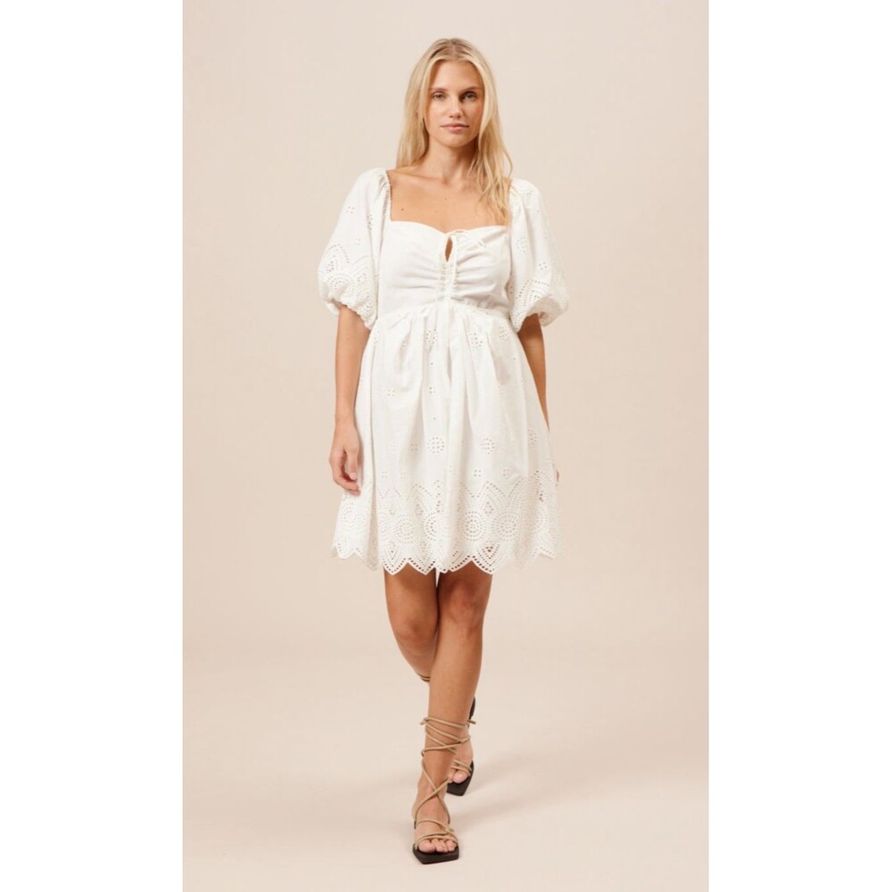 Lucy Paris Serafina White Eyelet Mini Dress XS Puff Sleeve Cotton Scalloped